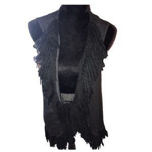 Cable & Gauge fringed VEST; LARGE (charcoal grey color with black fringe)